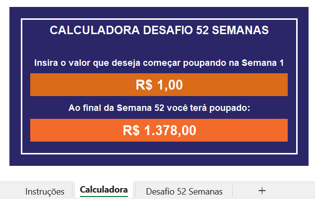 Simulador do Desafio 52 Semanas para Economizar