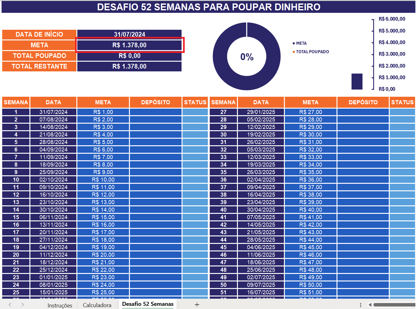 Instruções do Desafio 52 Semanas