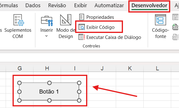 Tela mostrando o passo a passo para exibir o código de um botão inserido na planilha.
