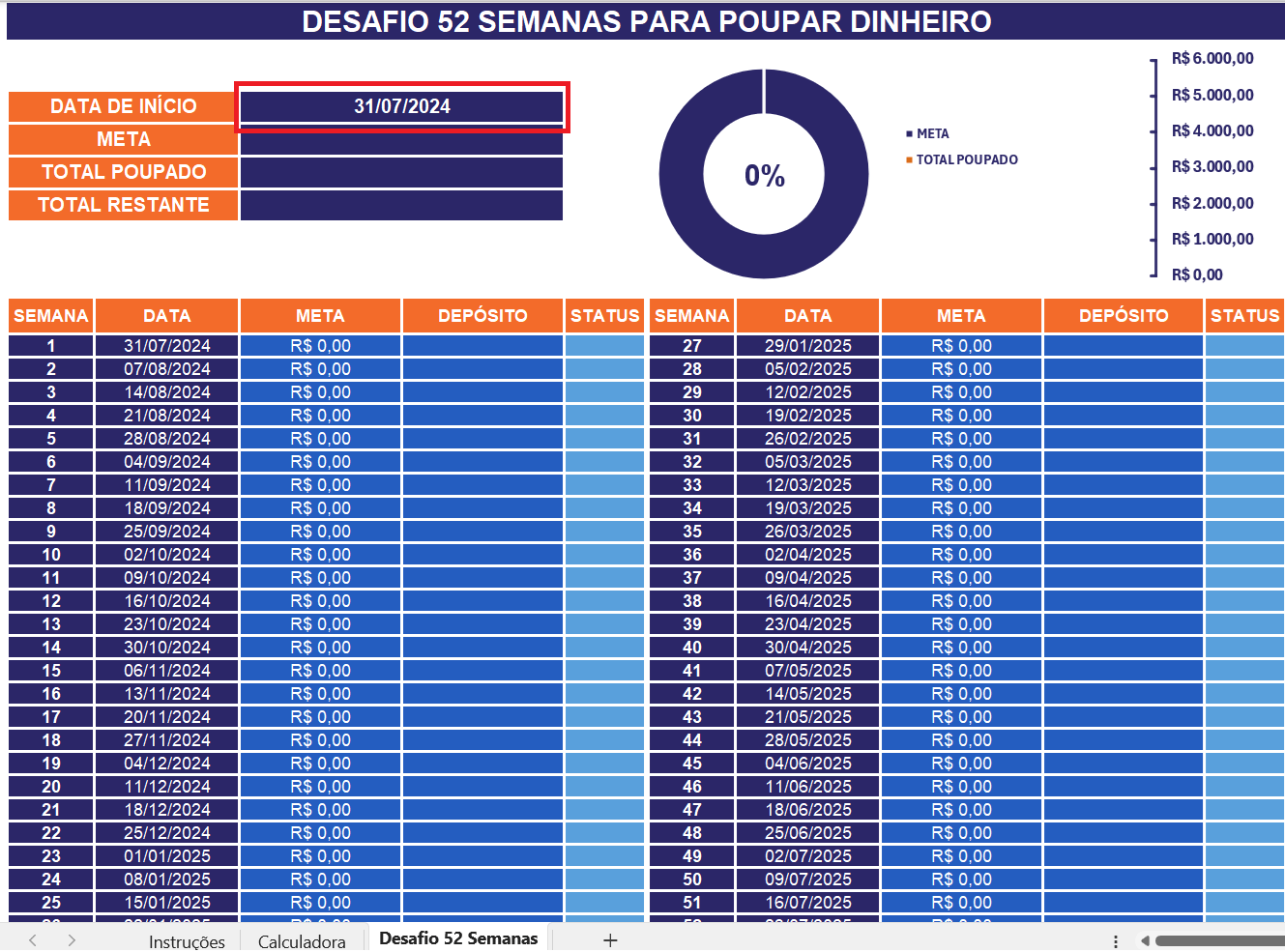 Planilha do Desafio 52 Semanas Grátis