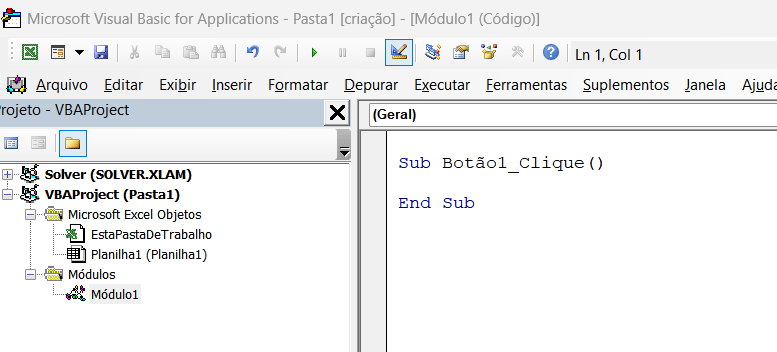 Tela do VBA contendo o código de um botão de comando.