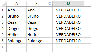 Comparar colunas Excel com função EXATO
