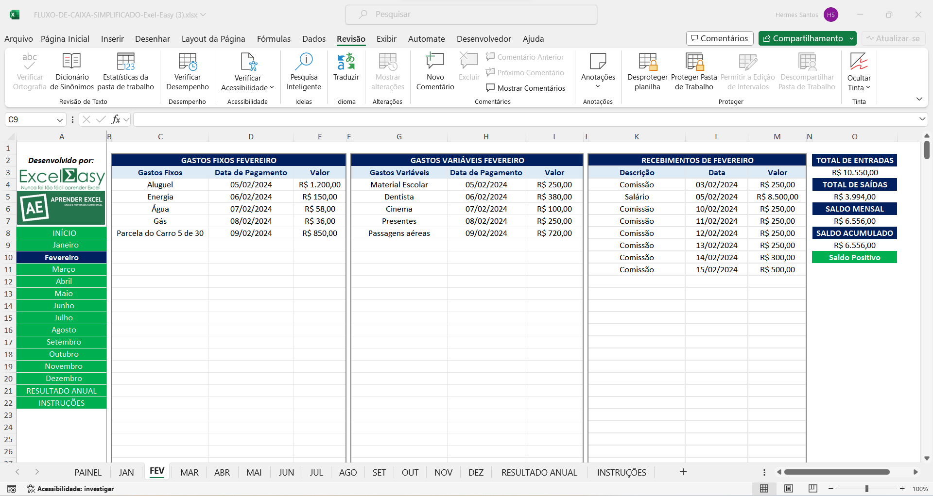 modelo de fluxo de caixa no Excel