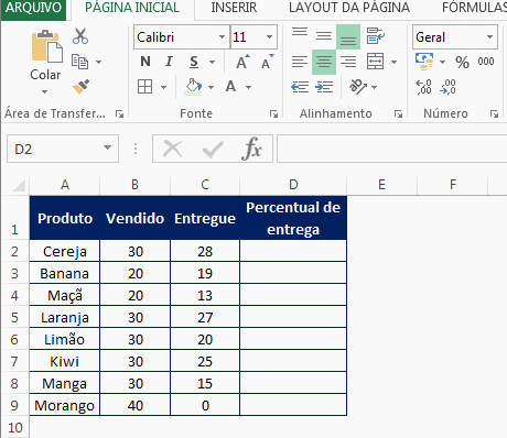 fórmula de porcentagem no Excel
