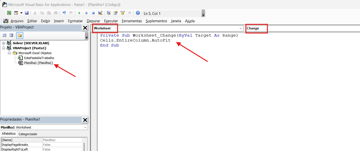 Código VBA para Ajustar Colunas Automaticamente Editor do VBA no Excel com o código Cells.EntireColumn.AutoFit inserido, mostrando como ajustar as colunas por programação.