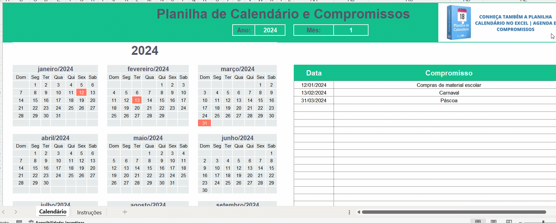 Calendário e compromisso no Excel