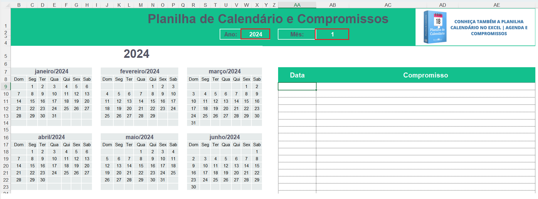 Calendário no Excel