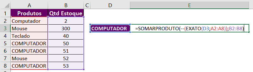 função SOMARPRODUTO com EXATO