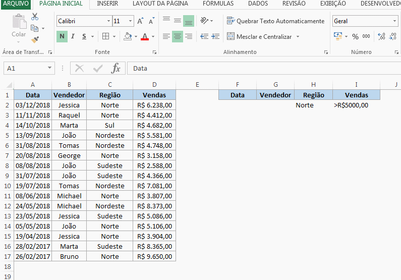 Filtro Avançado do Excel com critérios