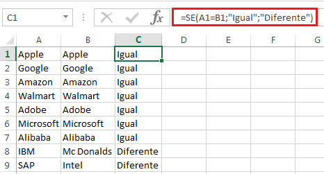 Comparar colunas no Excel com a função SE