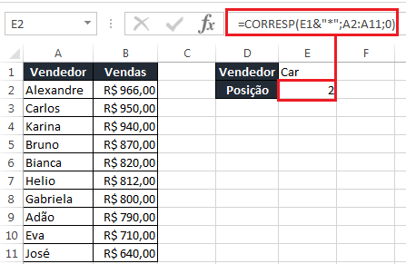 Função CORRESP no Excel com curinga