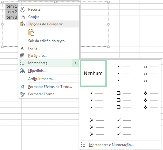 Caixa de texto no Excel com marcadores