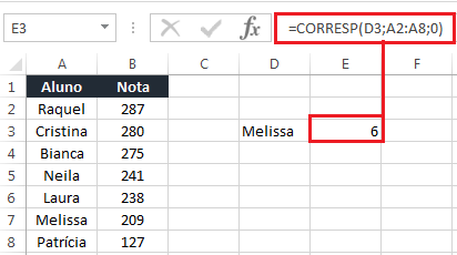Função CORRESP no Excel