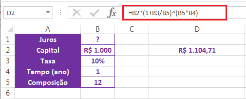 calcular juro composto no Excel