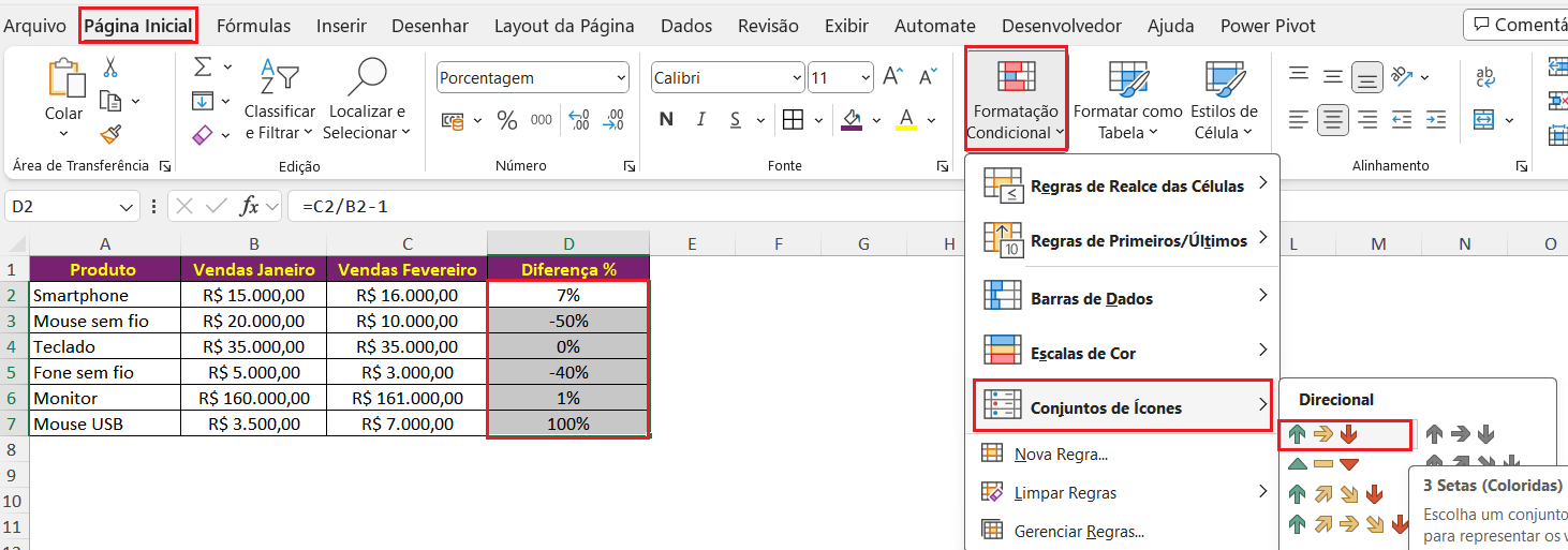Formatação condicional, ícones no Excel