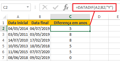 Como calcular anos entre duas datas no Excel