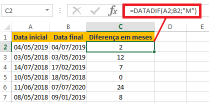 Calcular meses entre duas datas no Excel