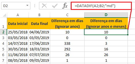 como calcular a diferença de dias no Excel - DATADIF