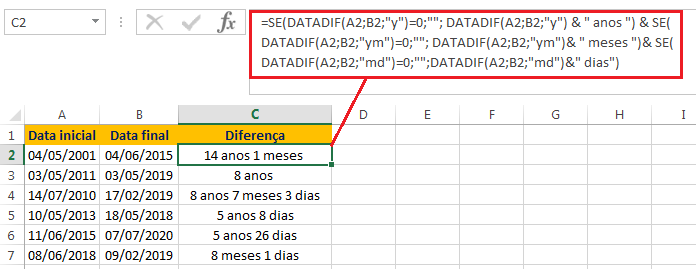 diferença de datas em dias, meses e anos no Excel