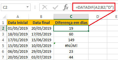 Calcular a diferença de datas em dias no Excel