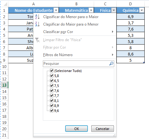 Recursos úteis de uma tabela do Excel