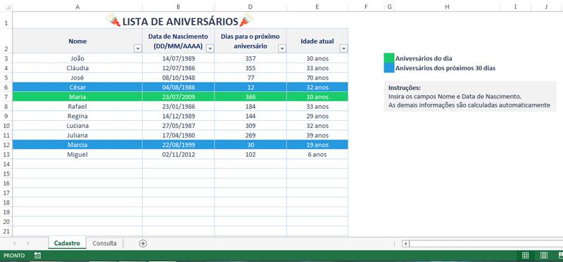 Gerenciar Lista de aniversários no Excel