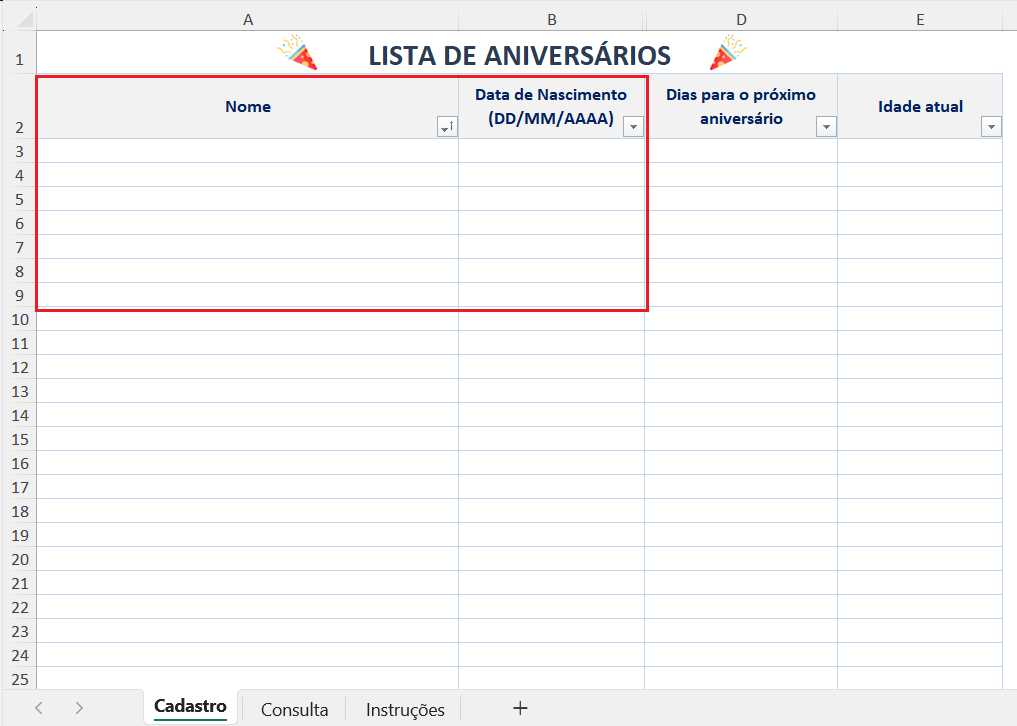 Planilha para Datas de Aniversários