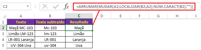 Fórmula para subtrair texto (se distinção entre maiúsculas e minúsculas)