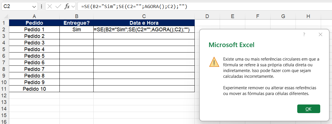 Fórmula do Excel exibindo referência circular para registrar data e hora automaticamente.