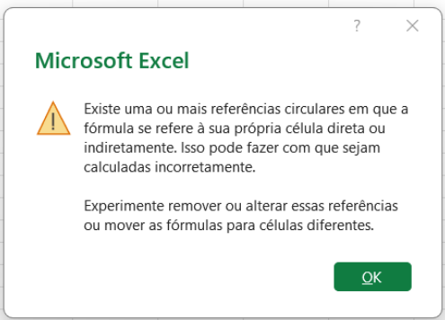 Mensagem de referência circular Excel 365