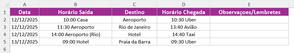 Cronograma de viagem no Excel