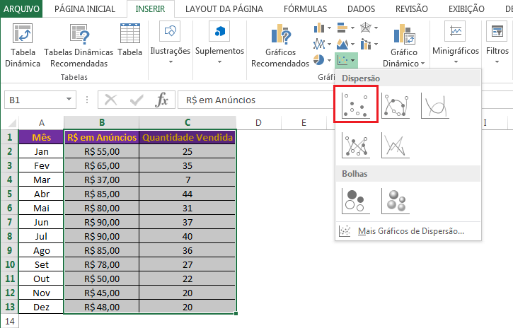 Como criar um Gráfico de Dispersão no Excel