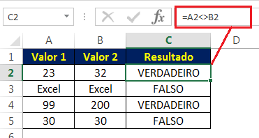 Sinal de Diferente de (<>) para comparar valores numéricos - operadores lógicos no Excel