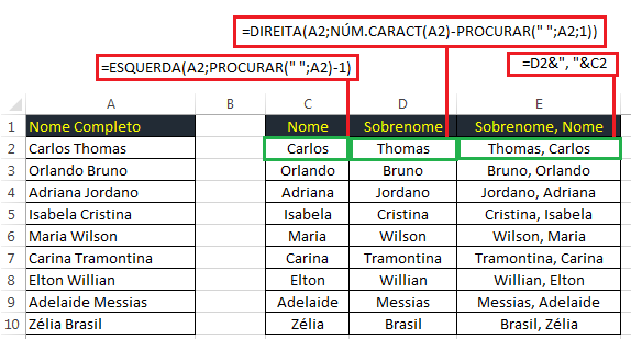 sobrenome em ordem alfabética no Excel