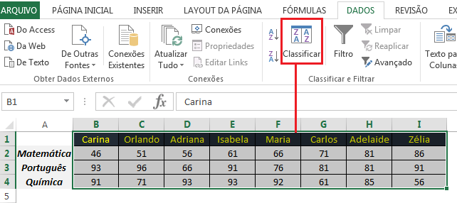 Como colocar linhas em ordem alfabética no Excel