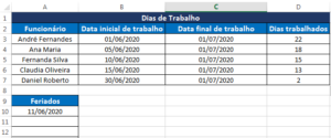 DIATRABALHOTOTAL no Excel, exemplo 2