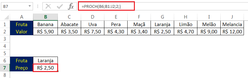 Exemplo Função PROCH no Excel