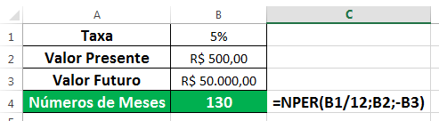 como calcular número de períodos para investimento no Excel