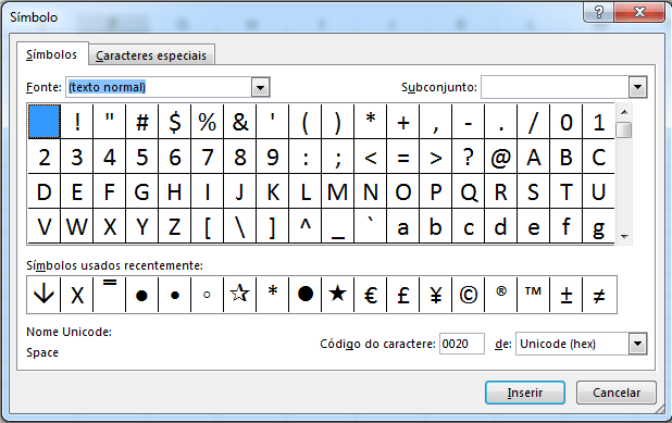 tipos de símbolos no Excel