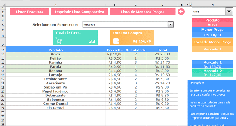 Modelo de Planilha de Lista de Compras para comparar preços no Excel
