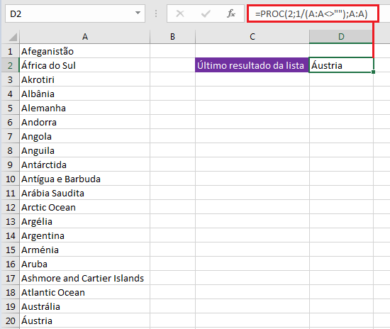 Última célula preenchida no Excel