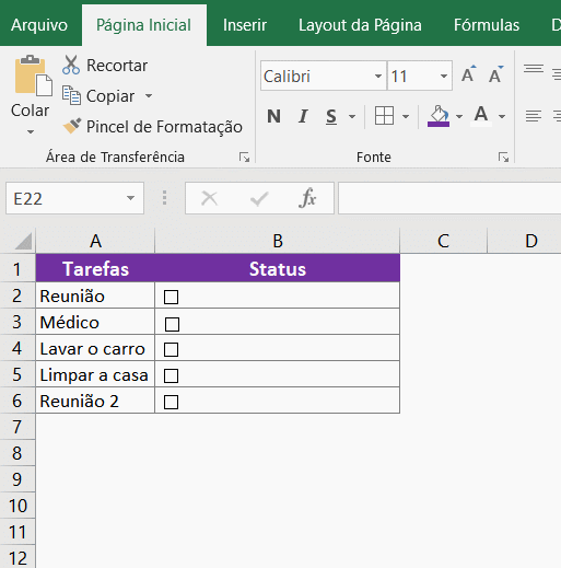 Checklist com texto grifado no Excel