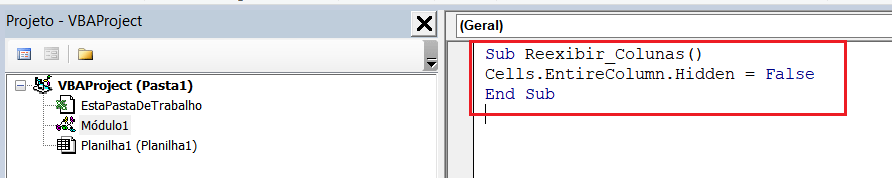 Código para exibir colunas ocultas no Excel