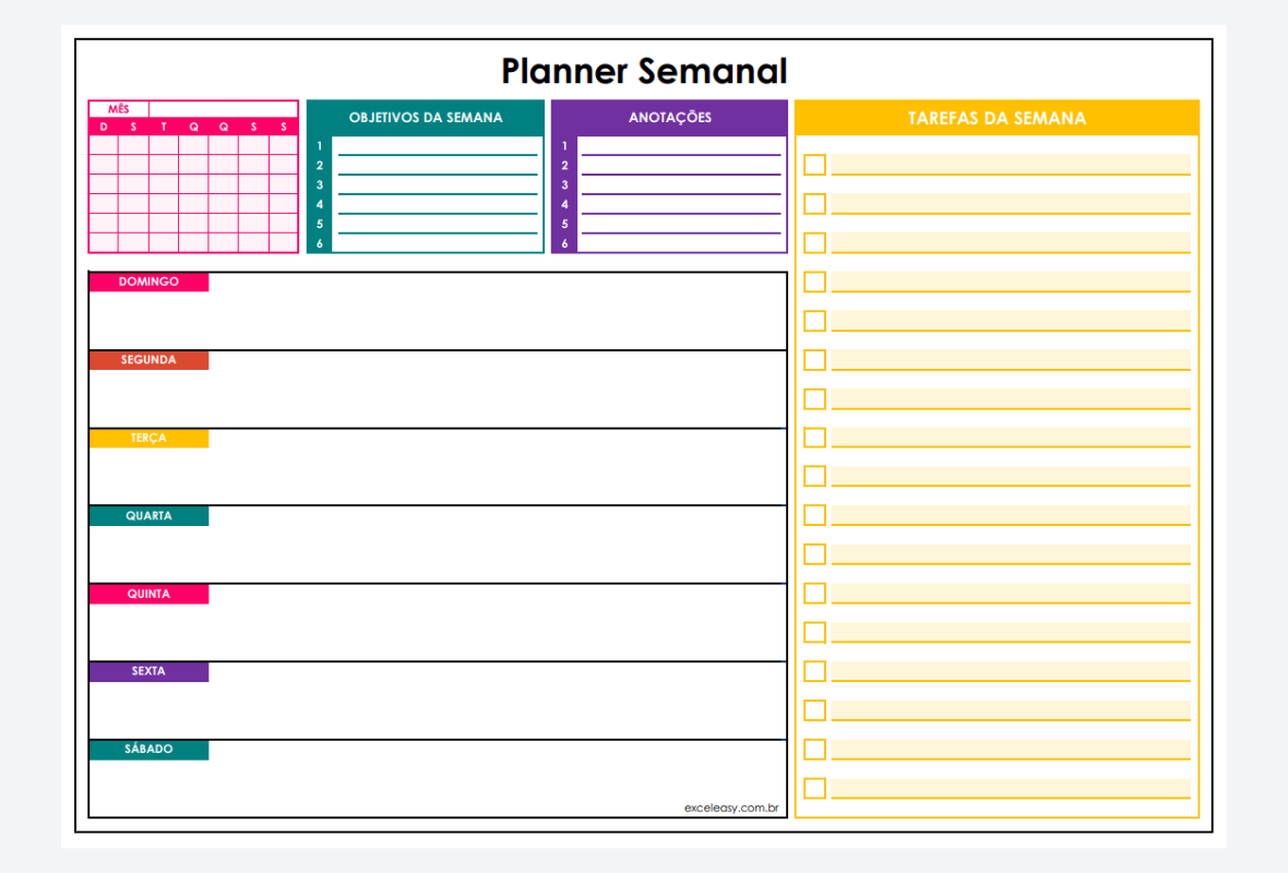 Planner semanal com calendário, objetivos e lista de tarefas