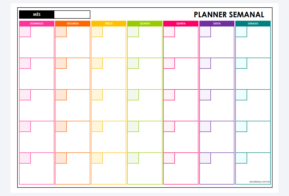 Planner semanal em colunas com lista de tarefas e observações