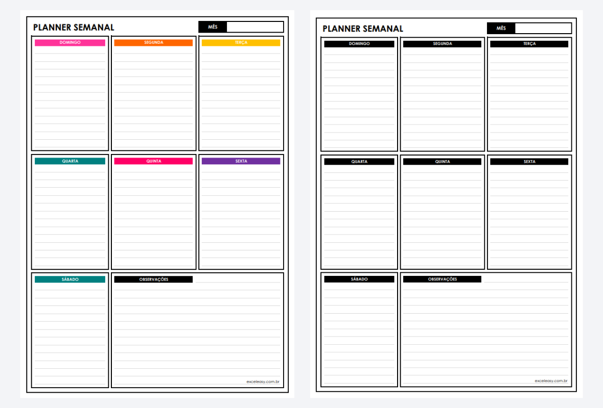 Planner semanal em blocos com espaço para anotações