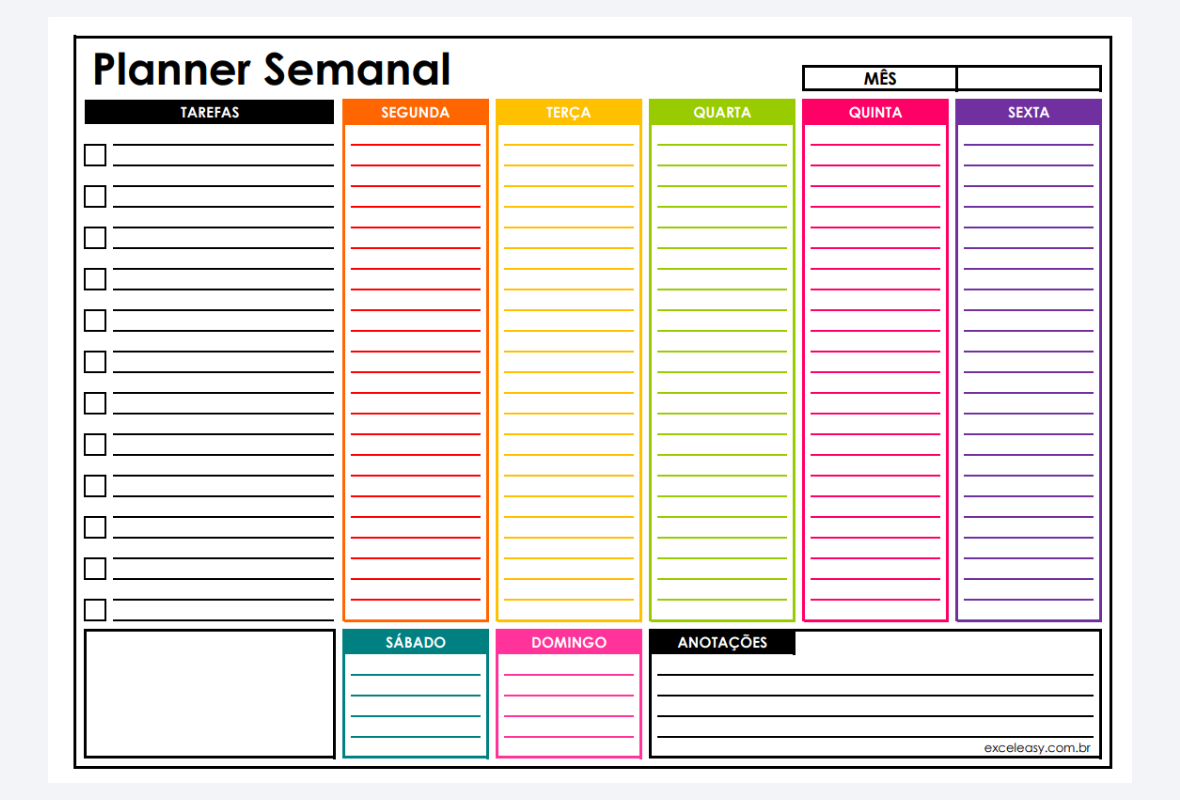 Planner semanal em blocos e colunas com checklist