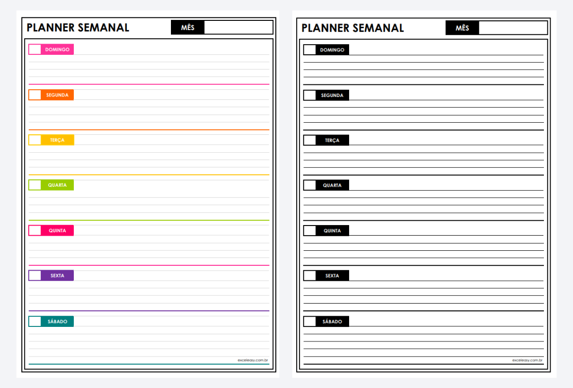 Planner semanal em formato de lista com espaço para cada dia