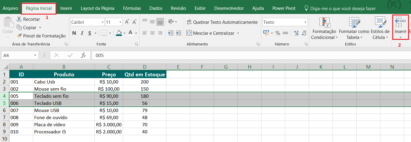 Inserindo linhas no Excel pelo menu principal