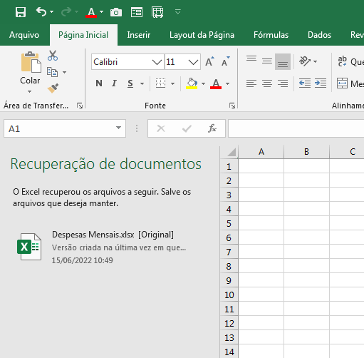 recuperação de documentos no Excel